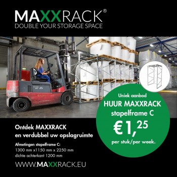 Profiteer nu van ons unieke aanbod VERHUUR MAXXRACK-stapelframes!<br />
<br />
1 MAXXRACK stapelframe C<br />
Maten : open voorkant 1300 mm., dichte achterkant 1200 mm., vrije diepte 1150 mm., vrije hoogte 2250 mm.<br />
Prijs: €. 1,25 per stuk/per week<br />
2 MAXXRACK stapelframe C+