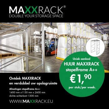 Profiteer nu van ons unieke aanbod VERHUUR MAXXRACK-stapelframes!<br /> <br /> 1 MAXXRACK stapelframe C<br /> Maten : open voorkant 1300 mm., dichte achterkant 1200 mm., vrije diepte 1150 mm., vrije hoogte 2250 mm.<br /> Prijs: &euro;. 1,25 per stuk/per week <br /> 2 MAXXRACK stapelframe C