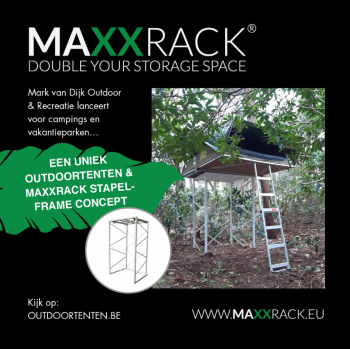 Uniek treelodge concept van Mark van Dijk Outdoor &amp; Recreatie met een Maxxrack als onderstel. Check: outdoortenten.be